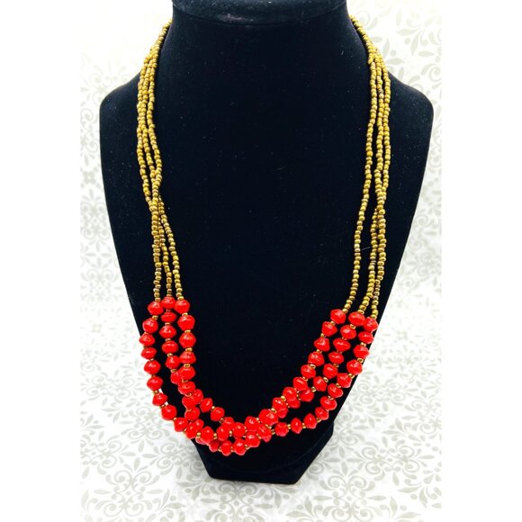 Handcrafted Beaded Necklace Red & Gold Tones Multi-Strand Twist Clasp 10.5” - Picture 1 of 3